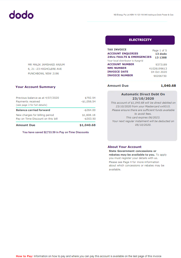 AUSTRALIA NEW SOUTH WALES DODO utility bill Word and PDF template
